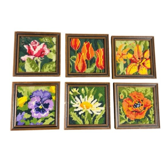 Vintage Lot of 6 Mini Cross Stitch Framed Art 1980s Flower Rose Needlepoint